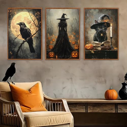 Halloween Gothic Wall Art Set - Black Cat & Witch Prints, 16x24 Inches - Dark Halloween Decoration