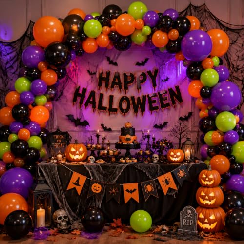 Halloween Balloon Arch Kit - 121pcs Orange Black Green Purple Balloons for Party Decor