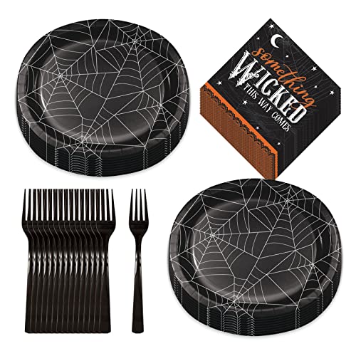 Oval Halloween Spider Web Dinner Plate Set - Serves 16 with Wicked Napkins & Forks