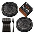 Oval Halloween Spider Web Dinner Plate Set - Serves 16 with Wicked Napkins & Forks