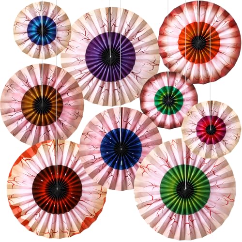 Halloween Eyeball Paper Fan Decorations - 9 Pcs Spooky Hanging Fans, Various Sizes