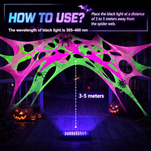 Glow in The Dark Halloween Spider Web 1500 Sq Ft with Black Light & Stakes - 5 Colors