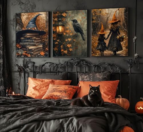 Halloween Canvas Wall Art Set - 3 Pieces 24x16 Inches Gothic Witch Books Crow Autumn Decor