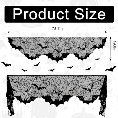 Halloween Mantle Scarf Bat Web Lace Fireplace Cover - Black Embroidered Decor - 79x20 Inch - Variation of Bat