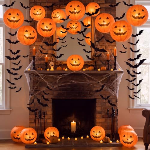 Halloween Party Decoration Set with Lanterns, Bats, LED Tea Lights & Hooks