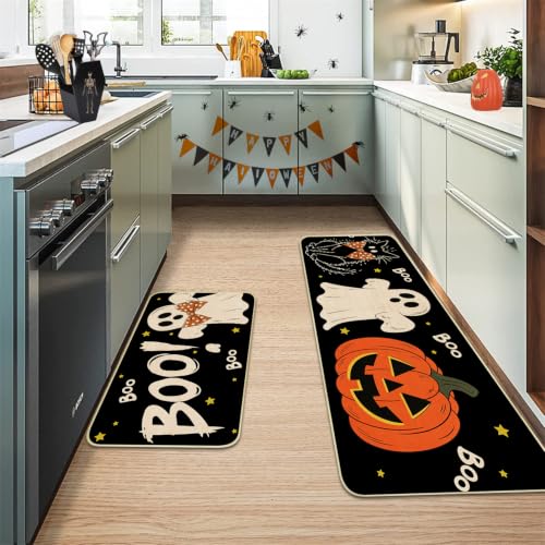 Ghost Halloween Kitchen Rugs Set of 2 with Non-Slip Back - Black Cat Variation