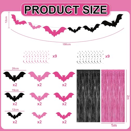 Pink Halloween Party Decorations with Fringe Curtains and Bat Design - Pink & Black Variation