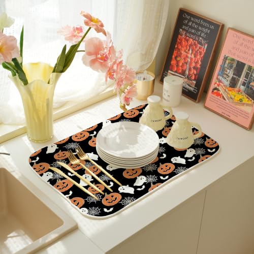 Halloween Pumpkin Ghost Spider Web Dish Drying Mat 18 x 24 Inch Black Spooky Cartoon Print - Pack of 1
