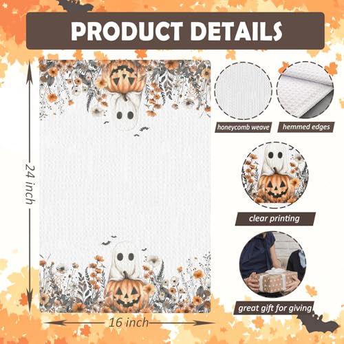 Halloween Pumpkin Kitchen Towels - Fall Floral Autumn Dish Hand Towel - 16x24 Inches - Rustic Decor - Halloween Pumpkin Variation