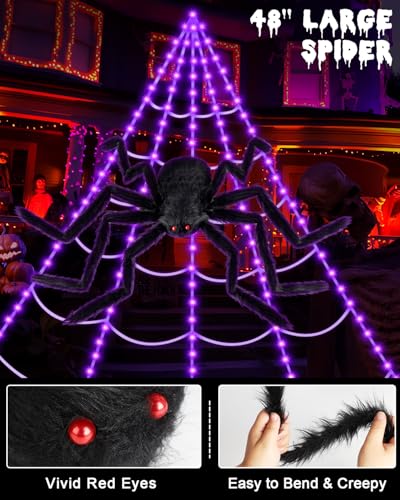 16.4Ft Halloween Spider Web Lights with 8 Modes & Purple LEDs - Waterproof Outdoor Decor with 48-Inch Spider