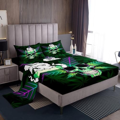 Leaves Bed Sheets Set - Green Sugar Skull Pattern Queen Size Multi 13