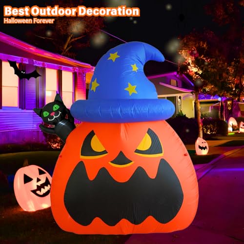 6FT Inflatable Wizard Pumpkin and Cat Halloween Yard Decorations with LED Lights