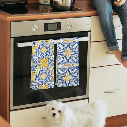 Chinoiserie Mediterranean Kitchen Towels Set of 2 - Blue & Yellow Sicilian Hand Towels