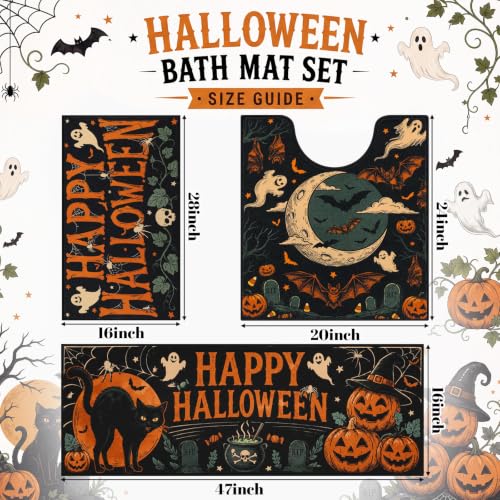 Halloween Theme 3-Piece Funny Horror Bathroom Rug Set - Ghosts, Pumpkins, Black Cats