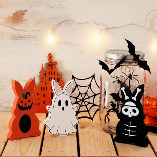Gothic Easter Bunny Decorations Set - Wooden Skeleton Ghost Pumpkin Table Centerpiece