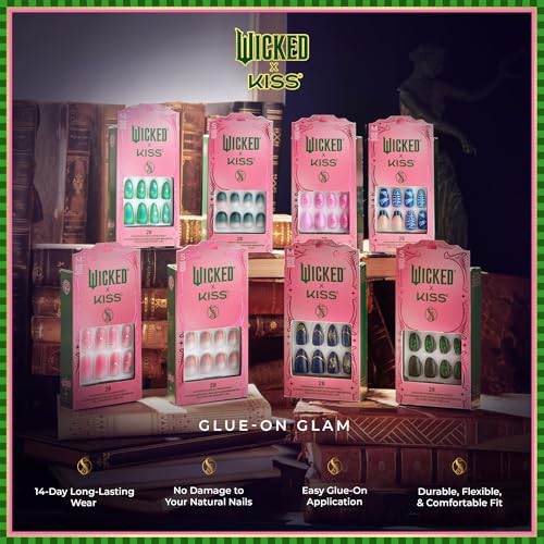 Wicked X Kiss Press On Nails - I Look Good in Green, Short Waterproof Fake Nails with Glue & Tools