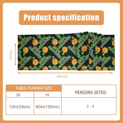 Ghost Face Pumpkin Black Halloween Table Runner - 13x60 Inch Spooky Kitchen Decor, Green & Black Variation