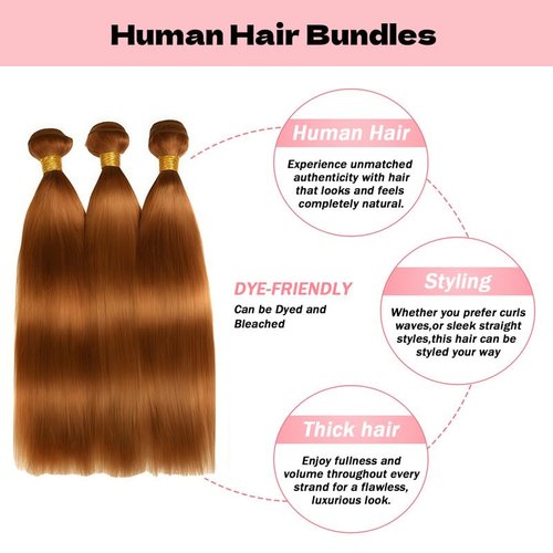 KODRHAR 12A Light Brown Straight Human Hair Bundles 22 24 26 Inch Double Weft Brazilian Straight Human Hair Extensions for Black Women 3 Bundles 30 Color