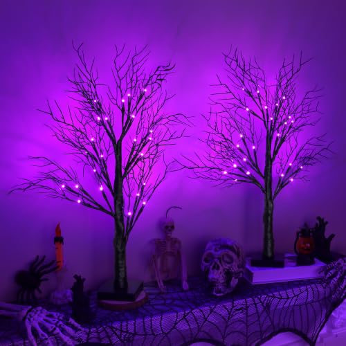 Purple Lighted Halloween Trees - 24 Inch Spooky Tabletop Decor Set of 2 with Timer