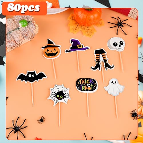 Halloween Cupcake Toppers - 80 Pcs Spooky Haunted House Party Cake Decorations - Variation: Halloween