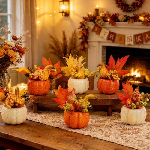 Artificial Fall Pumpkin Set with Maple Leaves & Berries - Style 3, 6 Pieces