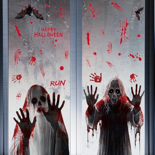 Halloween Window Clings Decorations - Scary Ghost & Blood Stickers - Red-14