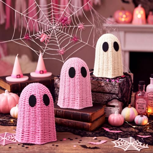 Pink Wicker Ghost Halloween Decor Set - Rustic Rattan Figurines, 3 Pieces