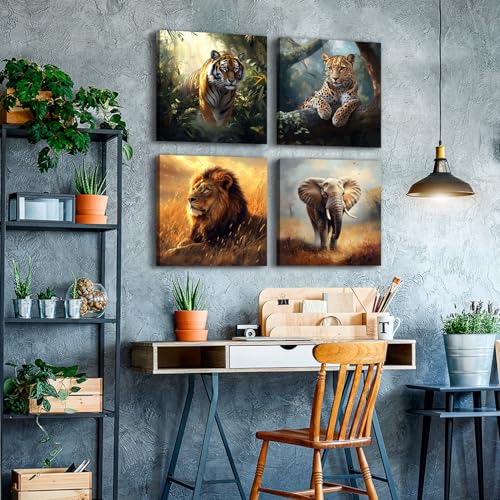 Wildlife Animals Canvas Wall Art Set - 16x16 Inch Safari Animal Decor for Living Room & Nursery - 4 Pieces - Elephant Lion Tiger Leopard - Jungle Wildlife Art