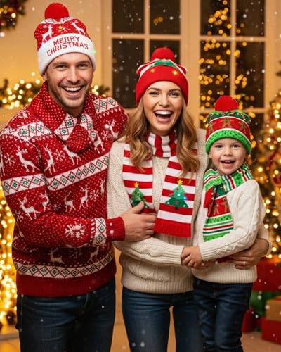 Xmas Tree Pattern Christmas Hat with Scarf Set - Santa Beanie & Knit Accessory for Holiday Party