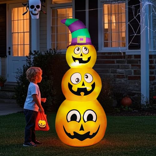 Inflatable Halloween Pumpkins with Witch Hat and LED Lights - 5 Ft Outdoor Yard Decor