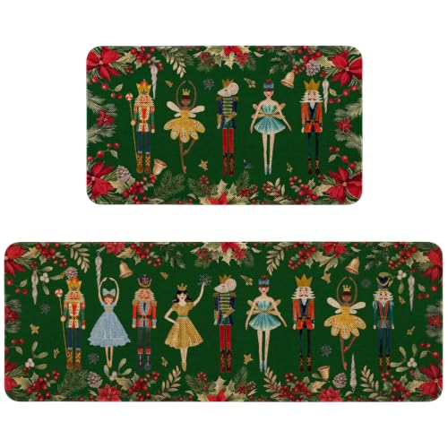 Nutcracker Green Christmas Kitchen Rugs Set of 2 - Door Mat & Runner, Holiday Home Decor