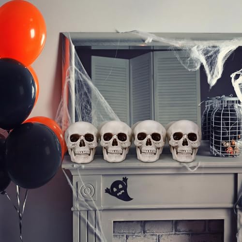 Halloween Human Skull Model - 8.7 Inch Fake Skull Decor Set of 4 - Realistic Plastic Skeletons for Spooky Parties