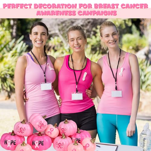 Breast Cancer Awareness Pumpkin Decor Set with Pink Ribbon - Fall Halloween Table Decorations - 12 Faux Foam Pumpkins