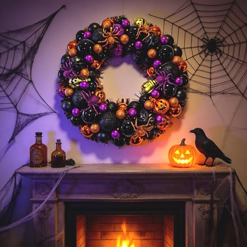 17 Inch Halloween Wreath with Lights - Spooky Front Door Decor - Trick-or-Treat Season