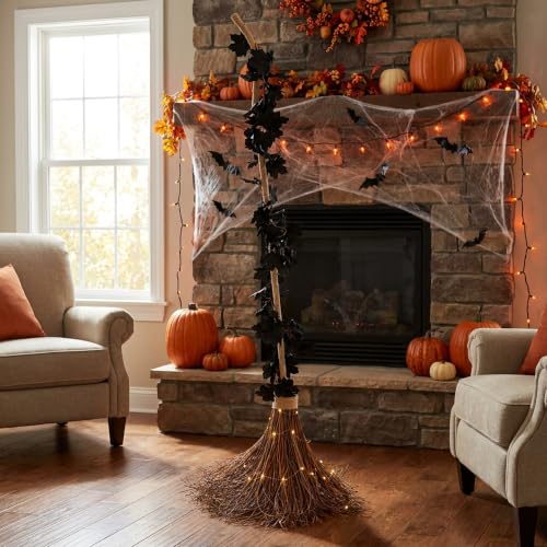 6ft Halloween Giant Witch Broom with Light-Up Rustic Farmhouse Decor