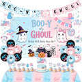 Halloween Gender Reveal Decorations Set with Backdrop Banner Swirls and Tablecloth - Pink & Blue Baby Shower Supplies