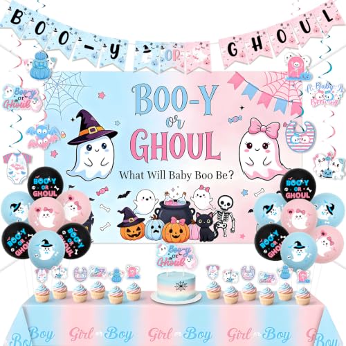 Halloween Gender Reveal Decorations Set with Backdrop Banner Swirls and Tablecloth - Pink & Blue Baby Shower Supplies