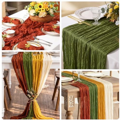 4 Pack Fall Boho Cheesecloth Table Runners - Autumn Party Decor Variation of Boho