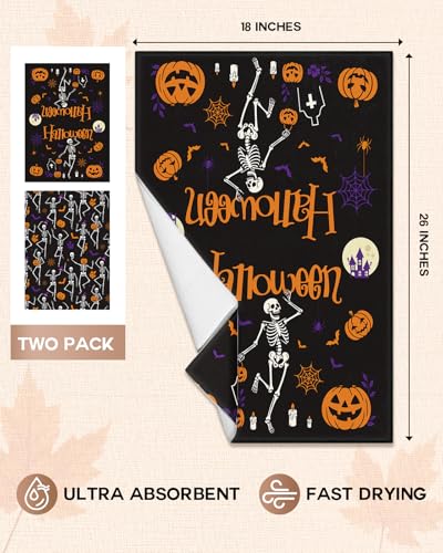 Halloween Microfiber Kitchen Towels Set of 2 - Skull & Pumpkin Design - Dance Skull Variation