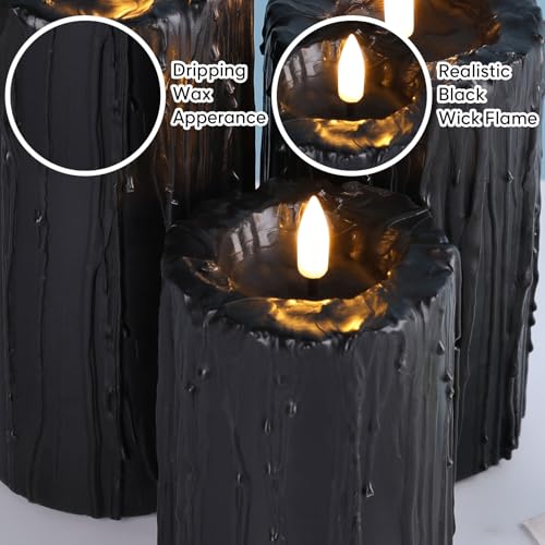 Black Dripping Wax Flameless Pillar Candles with Remote Control - Set of 3
