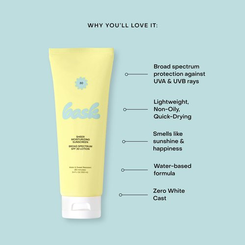 Bask Suncare SPF 30 Sheer Moisturizing Sunscreen Lotion - Broad Spectrum UVA/UVB Protection, Dermatologist Recommended, Hydrating, Lightweight & Non-Greasy, No White Cast, Travel Size, 3.4 fl oz