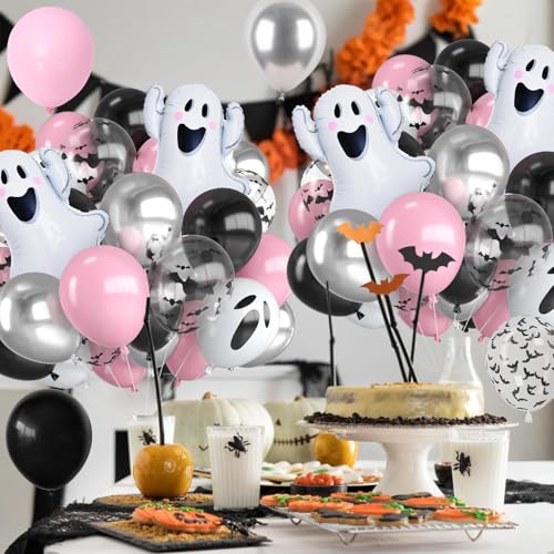 30PC Halloween Balloons Set - Pink Black Silver White Ghost Bat Print with Foil Balloon for Party