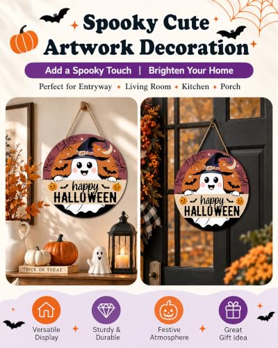Halloween Wooden Door Sign - Spooky Ghost Pumpkin Bats Decor 12x12 Inches
