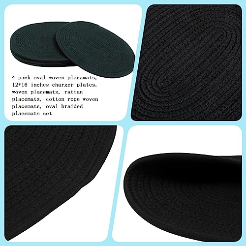 Black Oval Woven Cotton Placemats Set of 4 - Farmhouse Boho Table Decor