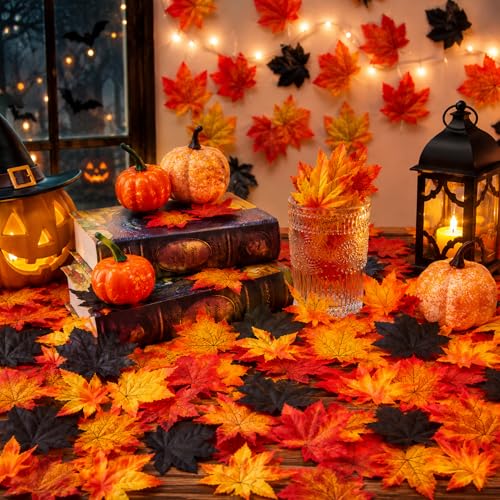 Halloween Fall Fake Leaves Leaf Decor Set - 200 Pcs Autumn Table Scatter - Spooky Party Decor