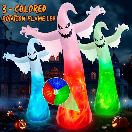 12FT Giant Halloween Inflatable Ghost with 3-Color Rotating Flame LED Lights