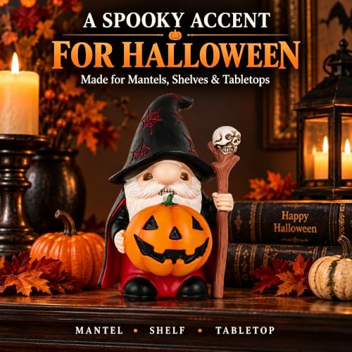 Halloween Gnome Figurine Resin Wizard with Skull Staff - Black Variation
