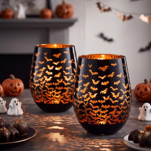 Halloween Bat Wine Glass Set - 2 Black and Orange 16oz Stemless Cocktail Glasses