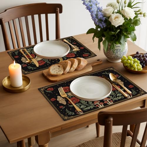 Black Poppy Moth & Moon Placemats Set of 4 - Floral Spring Table Mats