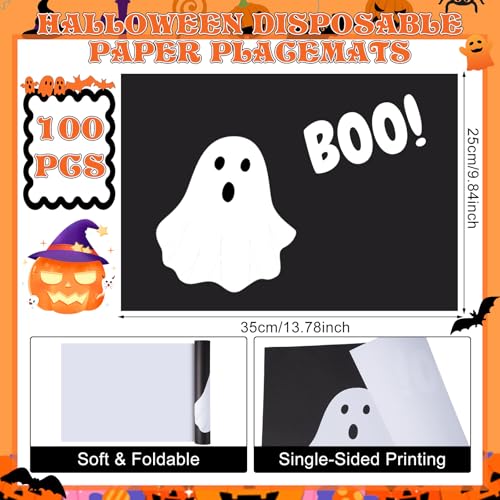 Halloween Ghost Boo Paper Placemats - Black Ghost, 100 Pack
